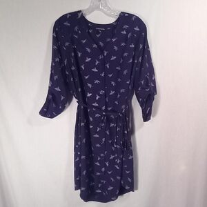 41 Hawthorn Navy Bird Print Roll Tab Sleeve Front Button Midi Dress Size L